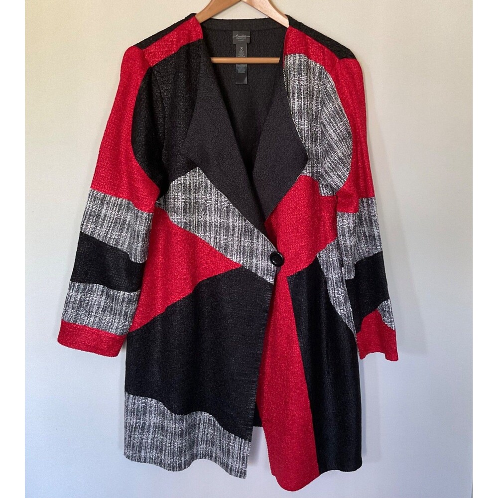Chico's Red Black Gray Colorblock Long Jacket